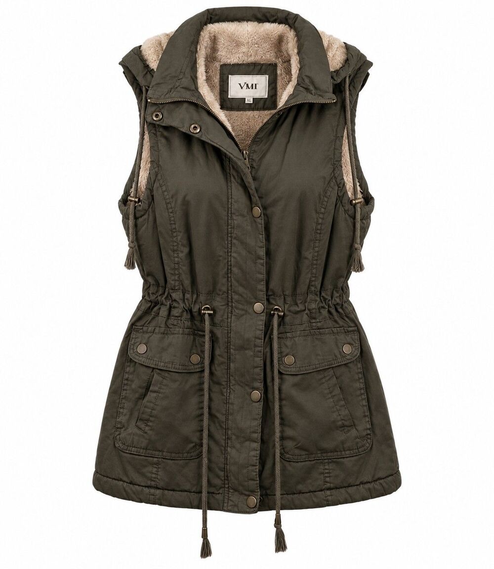YMI Collection Women Olive Green Faux Fur Lined Hooded Vest Size XL Y2K Vibe